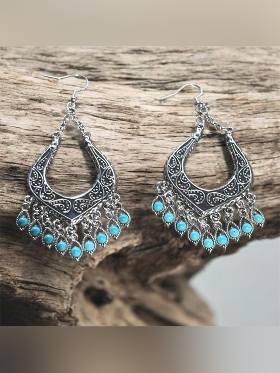 Jewelry - Boho Festival SilverTeardrop Earrings With Turquoise, Teal Tassel Beads